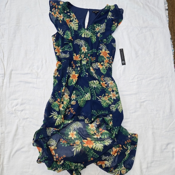 New As Wish Blue Floral Flutter Sleeve High Low Romper Shorts Maxi Dress Combo - Picture 1 of 5